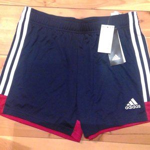 NWT Adidas Small Womens Tastigo 19 Shorts in Navy Blue & Red w/White Stripes